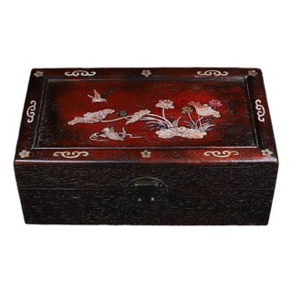Zitan Wood Box With Mother-of-Pearl Lotus & Fish Inlay For Sale