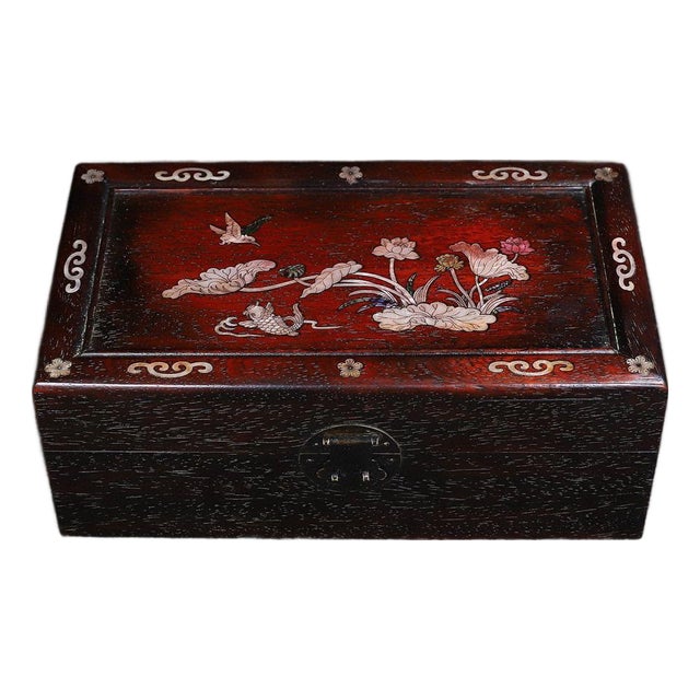 Zitan Wood Box With Mother-of-Pearl Lotus & Fish Inlay For Sale