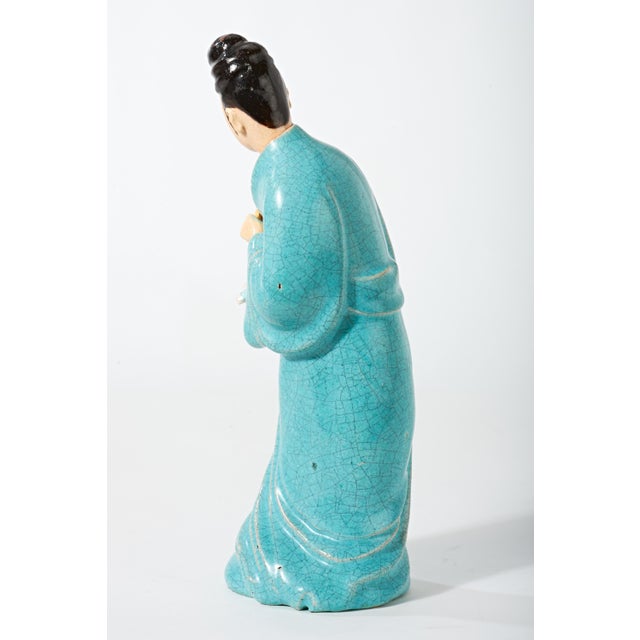 Early 20th Century Chinese Figurine of Lady in Blue With Fan For Sale - Image 11 of 17