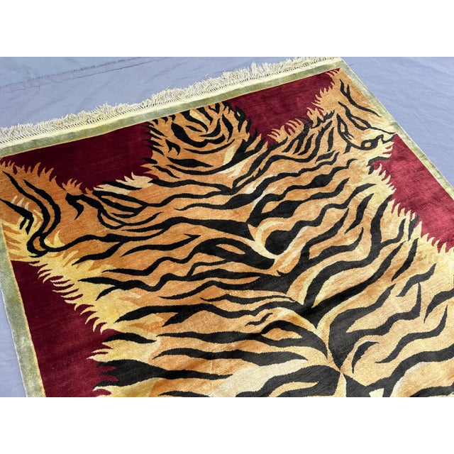 Golden Yellow Silk Tiger Design Pictorial Rug – Handmade Tribal Caucasian Rug For Sale - Image 6 of 11