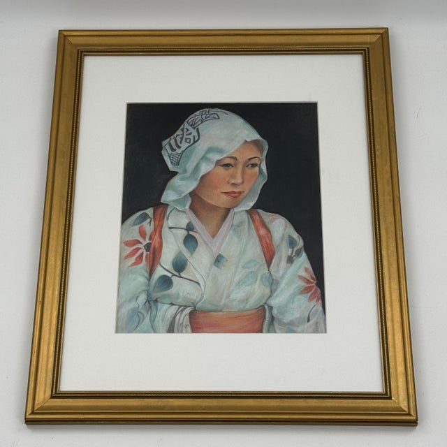 Vintage Original Pastel Portrait Painting of Japanese Woman in Kimono For Sale - Image 9 of 12