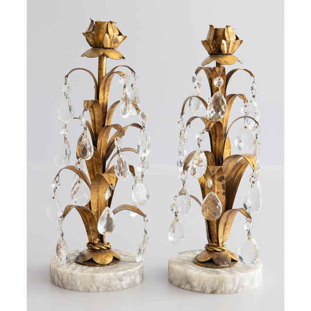 Vintage Italian Gilt Tole & Crystals Candlesticks - A Pair For Sale - Image 9 of 9