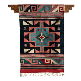 Handwoven Zapotec Large Textile Art With Handmade Wooden Wall Hanger For Sale
