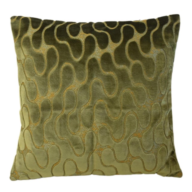 Custom-tailored designer pillow in a beautiful modern mid-century style velvet fabric. Green velvet fabric on the reverse....