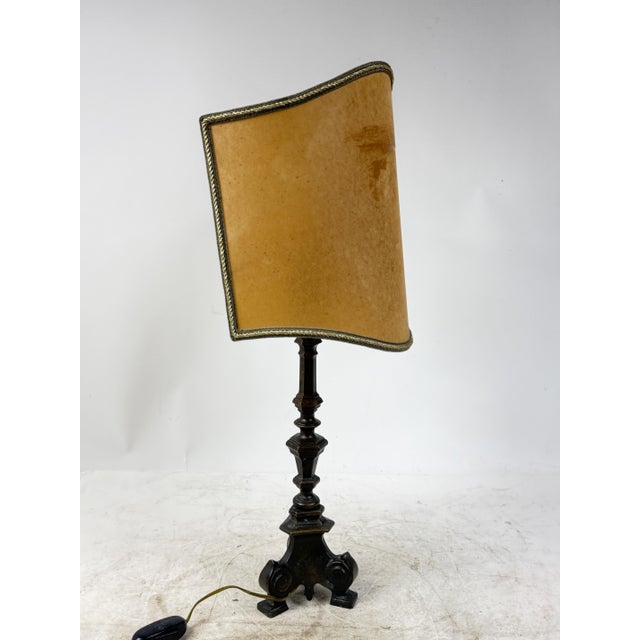 Traditional Antique Empire Style Bronze Table Lamp with Parchment Paper Shade, 1930s For Sale - Image 3 of 10