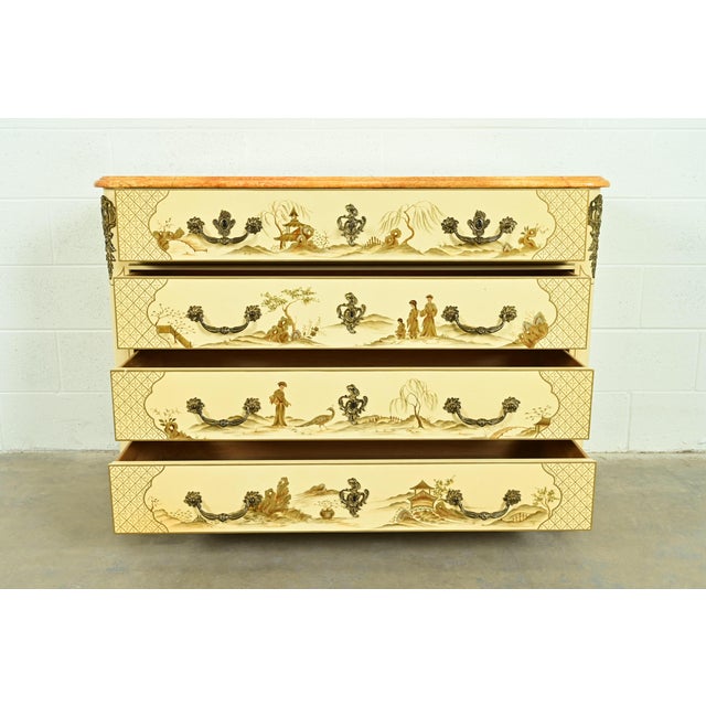 1960s Baker Furniture Style French Regency Louis XVI Chinoiserie Cream Lacquered Dresser Chest For Sale - Image 5 of 17