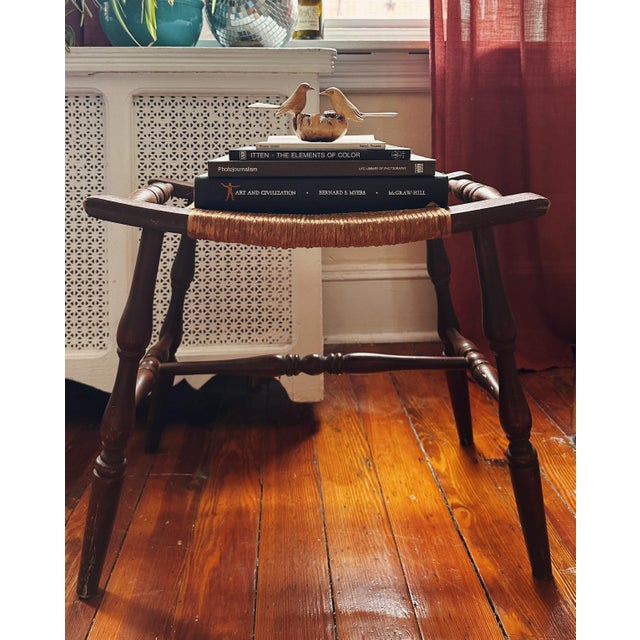 Early 20th Century Curved Woven Rush Seat Primitive Wood Bench For Sale In Philadelphia - Image 6 of 8