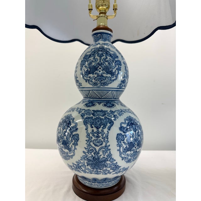 Late 20th Century Late 20th Century Pair of Ralph Lauren Home Blue & White Porcelain Double Gourd Table Lamps With White/Blue Trim Shades For Sale - Image 5 of 11