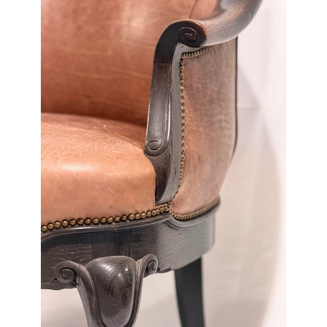 Vintage Leather Barrel Back Accent Chair With Carved Wood Frame For Sale In New York - Image 6 of 8
