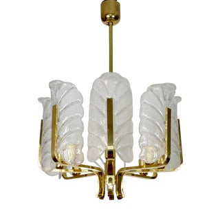 Scandinavian Brass and Ice Glass 8-Light Chandelier by Carl Fagerlund for JSB, 1960s For Sale