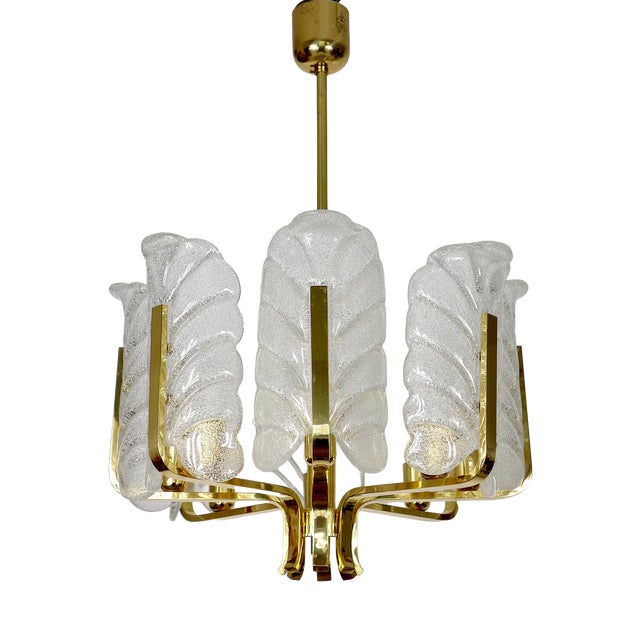 Scandinavian Brass and Ice Glass 8-Light Chandelier by Carl Fagerlund for JSB, 1960s For Sale