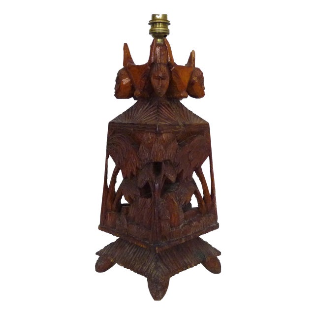 Large Vintage Table Lamp in Carved Wood, 1950s For Sale