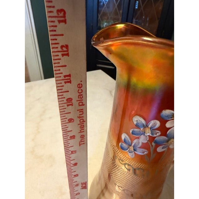 Antique Fenton Carnival Glass Pitcher "Forget-Me-Not" Iridescent Glass Ca. 1912 For Sale - Image 11 of 12