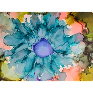 "Bachelor's Button" Contemporary Original Abstract Botanical Ink Painting by Suzanne MacCrone Rogers For Sale