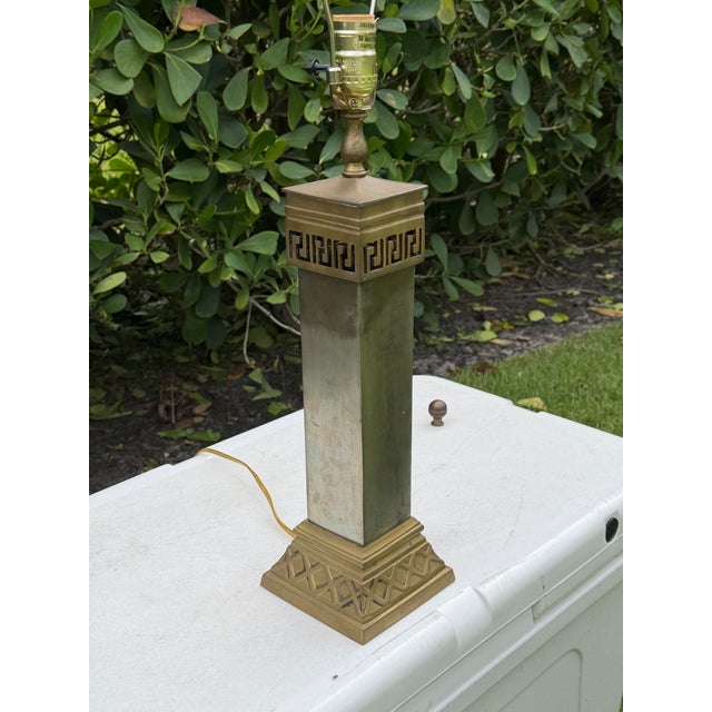 Late 20th Century Vintage Greek Key Geometric Brass Table Lamp With Linen Shade For Sale - Image 5 of 12