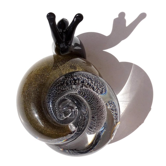 Glass Murano Vetreria Venier Label Gold Silver Flecks Black Italian Art Glass Snail Paperweight Figurine For Sale - Image 7 of 10