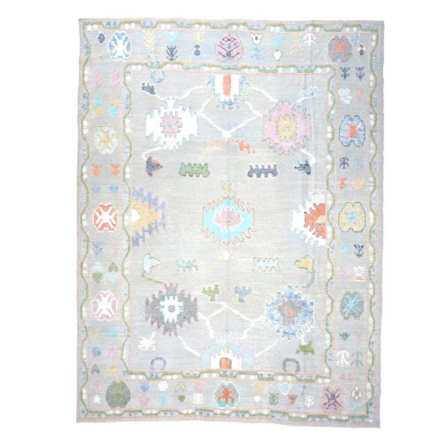 21st Century Turkish Oushak Wool 9x12 Gray, Ivory, Orange & Green Handmade Area Rug #1144212 For Sale