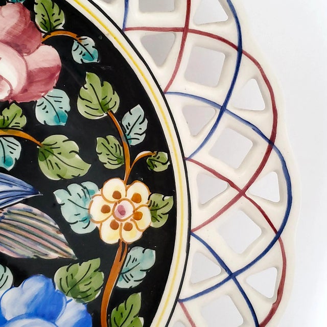 Yellow Porcelain Hand Painted Porcelain Wall Plate With Flowers & Bird, 1973, Signed For Sale - Image 8 of 10