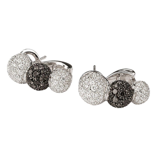 18k White Gold Black and White Diamond Ball Sphere Earrings For Sale