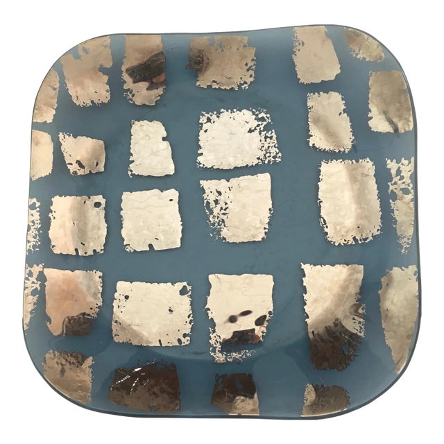 Square Aqua Teal & Gilt Gold Platinum Serving Platter Tray by Renown California Artisan Annieglass For Sale