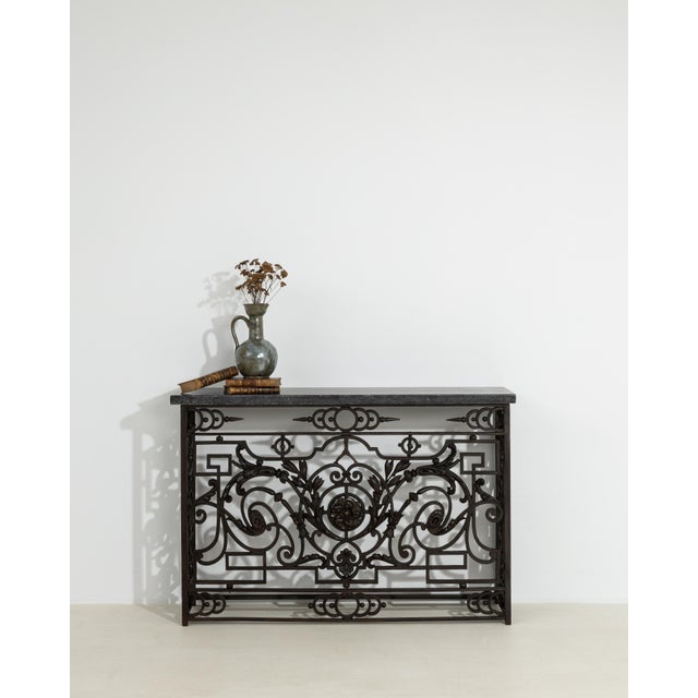 Metal Neoclassical Wrought Iron Console With Belgian Bluestone For Sale - Image 7 of 10