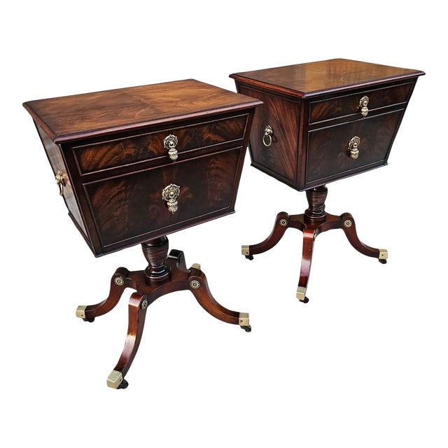 Antique Flame Mahogany Regency Style Teapoy-Shaped Side Table Cabinets - A Pair For Sale