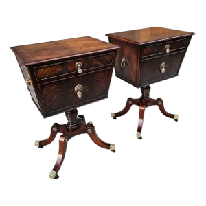 Antique Flame Mahogany Regency Style Teapoy-Shaped Side Table Cabinets - A Pair