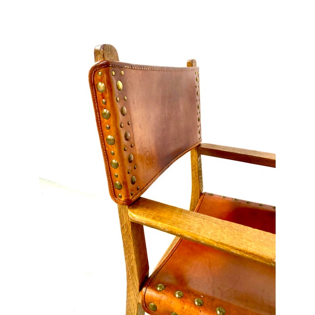 Vintage French Brutalist Castle Armchair in Oak and Cognac Leather, 1920s For Sale - Image 4 of 16