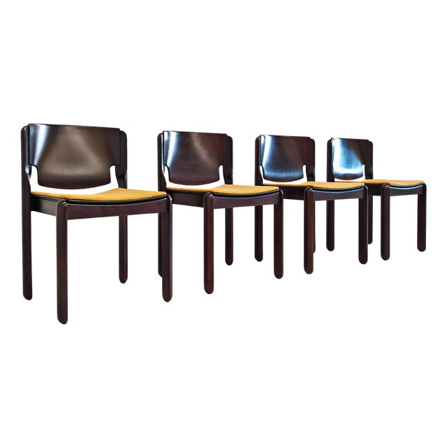 Vintage Wooden and Velvet Chairs by Vico Magistretti for Cassina, 1970s, Set of 4 For Sale