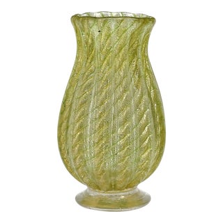 Vintage Murano Barovier Toso Green Swirls Gold Flecks Italian Art Glass Footed Flower Bud Vase For Sale