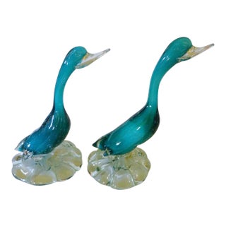 MCM Italian Murano Art Glass Aqua Ducks - A Pair For Sale
