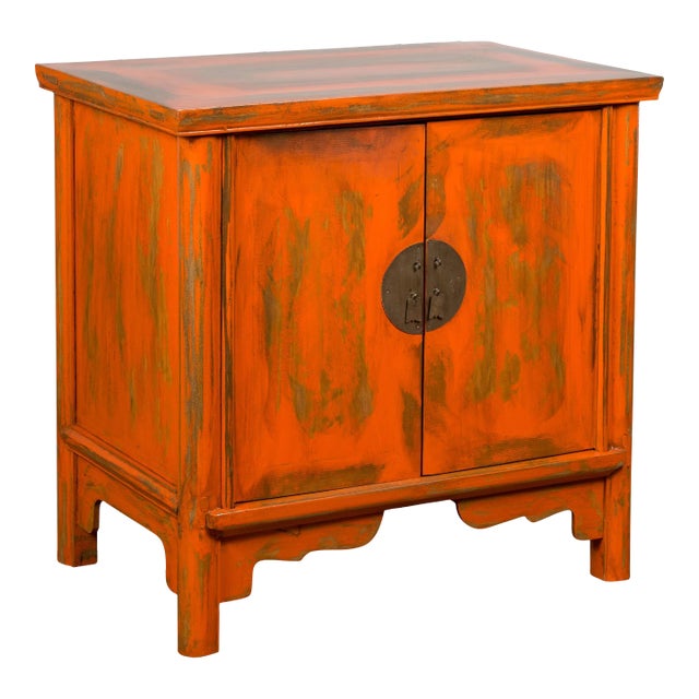Chinese Late Qing Dynasty Elm Side Cabinet with Custom Orange Lacquer For Sale