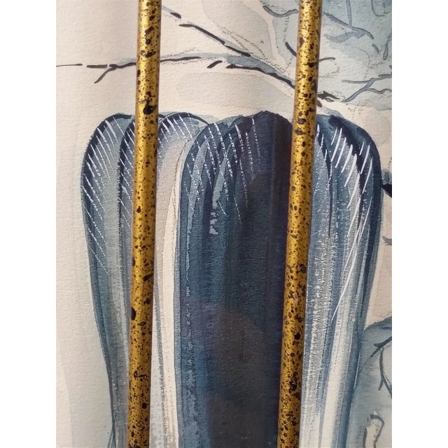 1950s Chinoiserie Caged Blue Bird Original Watercolor Painting by William Edwin Fager Gilt Metal Birdcage Frame For Sale In Savannah - Image 6 of 17
