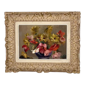 French Oil Painting of Flowers in Vase in Montparnasse Frame