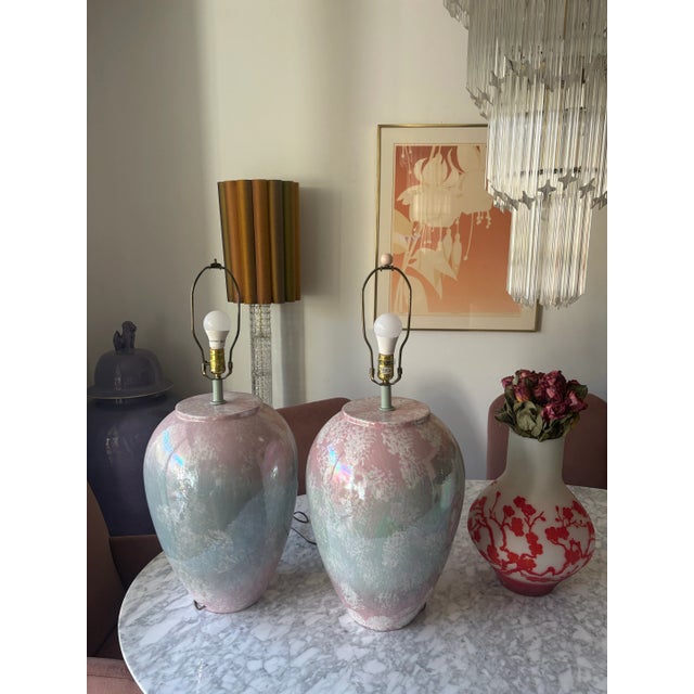 Postmodern 1980’s Postmodern Iredescent Pastel Drip Glaze Monolith Lamps by Sunset For Sale - Image 3 of 10