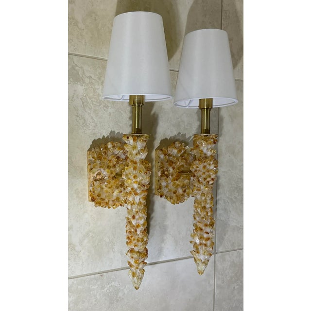 One of a Kind Pair of Citrine Crystals Quartz Wall Sconces by Joseph Malekan For Sale - Image 10 of 12