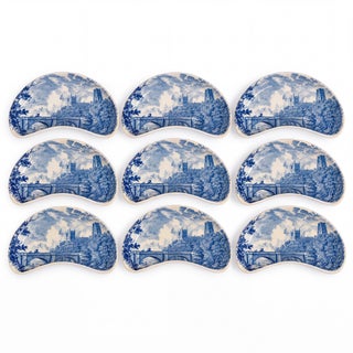 Victorian Style Royal Worcester Blue & White Transferware Pottery Bone Plates S/9 For Sale