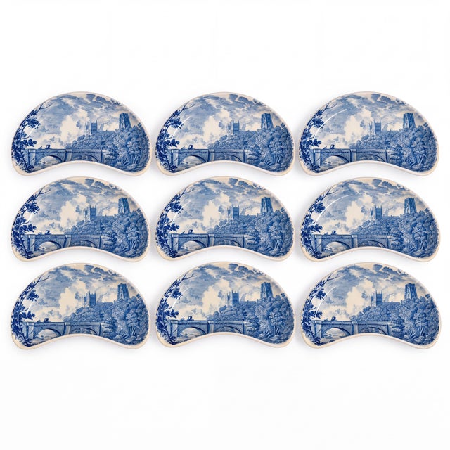 Victorian Style Royal Worcester Blue & White Transferware Pottery Bone Plates S/9 For Sale