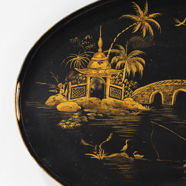 Vintage Black and Gold Chinoiserie Lacquerware Serving Tray For Sale - Image 4 of 14