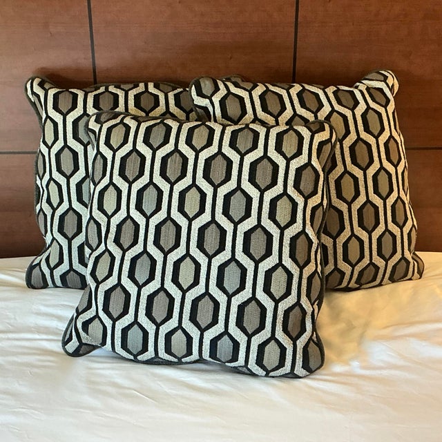 These are a striking set of three late 1980s Geometic Abstract tapestry/Chennille style decorative pillows. They are a...