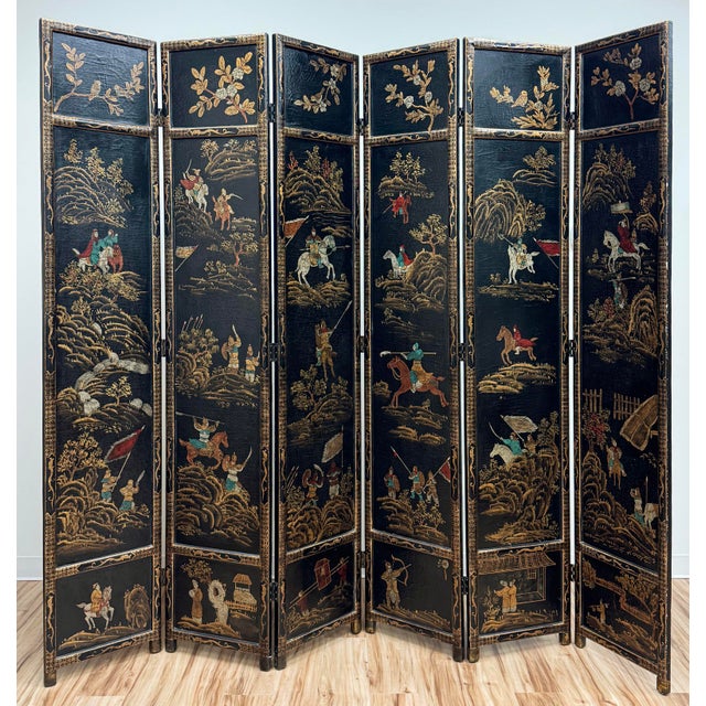 Stunning vintage Asian six-panel folding screen featuring finely hand-painted landscapes depicting birds, blooming...