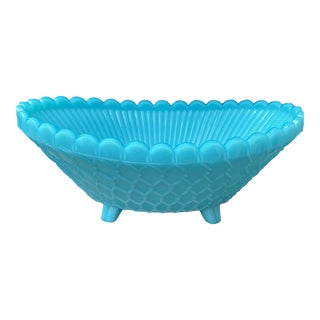 1930s French Portieux Vallerysthal Blue Opaline Glass Oval Footed Bowl With Scalloped Edge For Sale