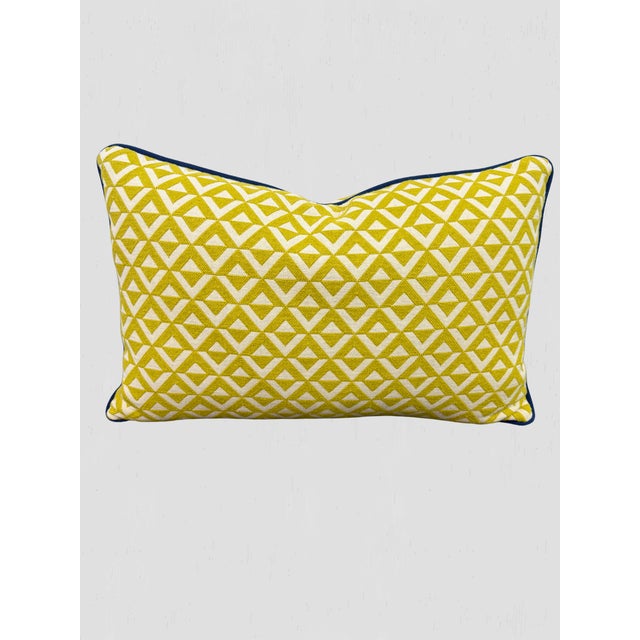Beautiful custom made lumbar pillow pair by Trouvaille Home. Lovely yellow and white geometric fabric on front and back....
