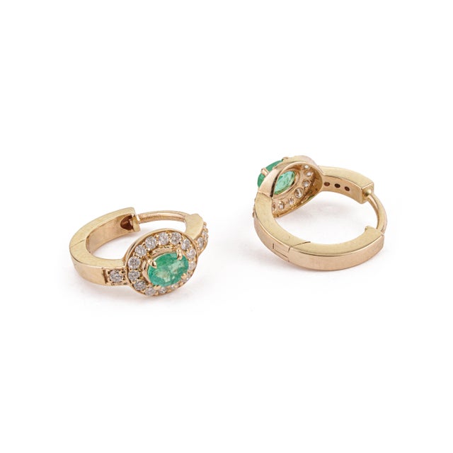 Metal 14k Yellow Gold Oval Natural Emerald Diamond Halo Hoop Earrings- 2 Pieces For Sale - Image 7 of 14