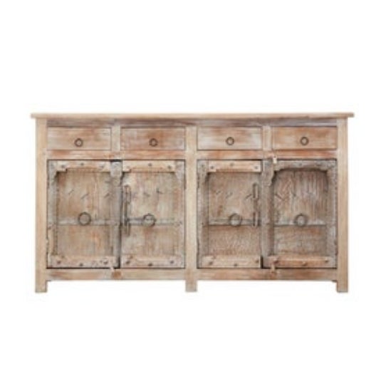 Aged teak sideboard server or storage cabinet featuring a bleached or cerused finish. The cabinet features a soft patina...