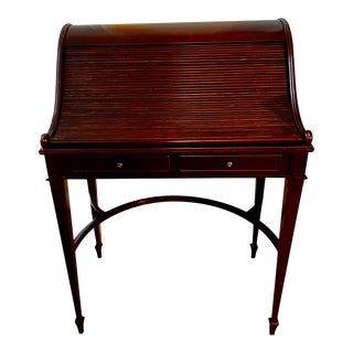 1970s British Colonial Mahogany Roll Top Secretary Desk Leather Inlay For Sale