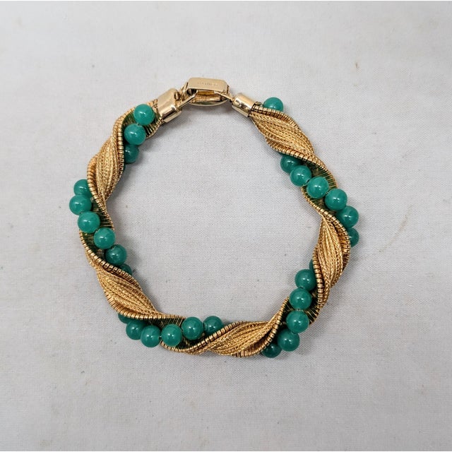 1960s Vintage 1960s Signed Napier Goldtone Faux-Jade Beaded Twisted Bracelet For Sale - Image 5 of 8