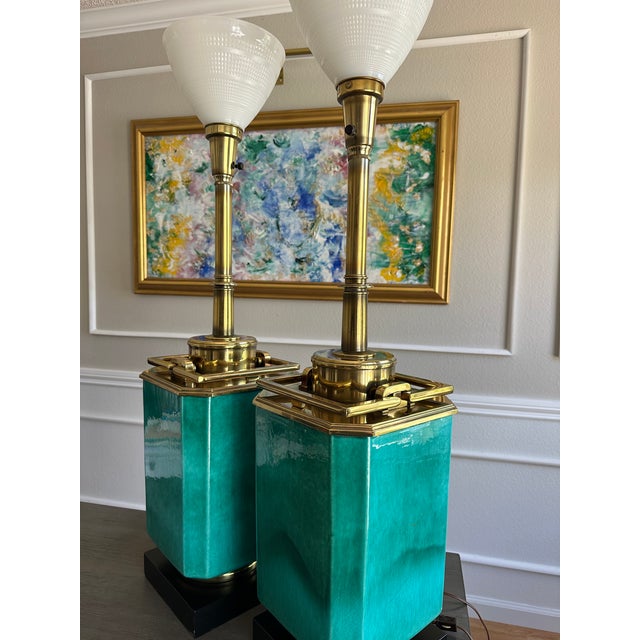 Pair of Monumental Edwin Cole for Stiffel Ceramic & Brass Torchieres — From The Broadmoor Hotel Estate A striking and...