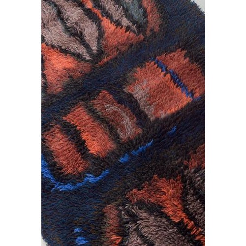 Warm Red, Black, and Blue Tones Hand-Knotted Rya Rug by Evy Viola Wiklund, 1967 For Sale - Image 3 of 6