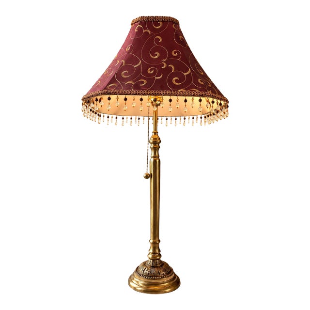 Vintage Brass Table Lamp With Burgundy Embroidered Shade, Gold Scroll Motif & Crystal Drops, Traditional Hollywood Regency Decor For Sale